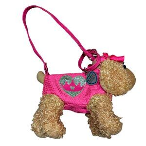 Poochie and Co Girls Tan Poodle Dog Purse Pink Sequined Plush - Unused *READ